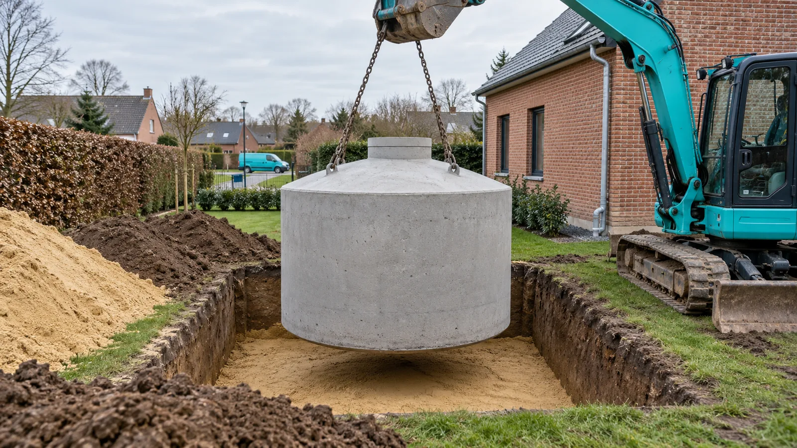 Citerne en béton suspendue aux chaînes d'une pelle turquoise au-dessus de la fouille, dans un jardin de Nivelles