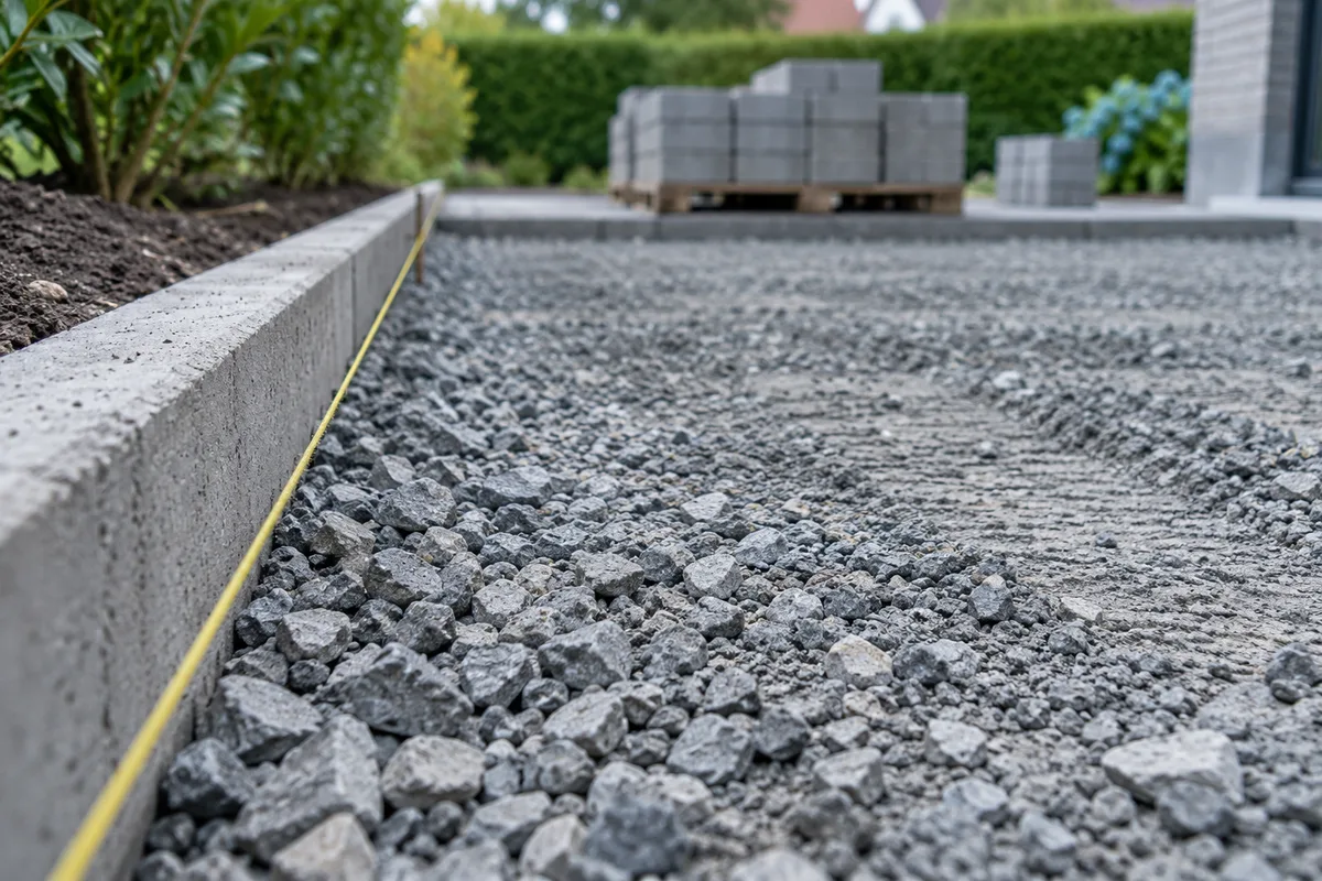 Couche d'empierrement gris compactée le long d'une bordure en béton, avec un cordeau jaune tendu