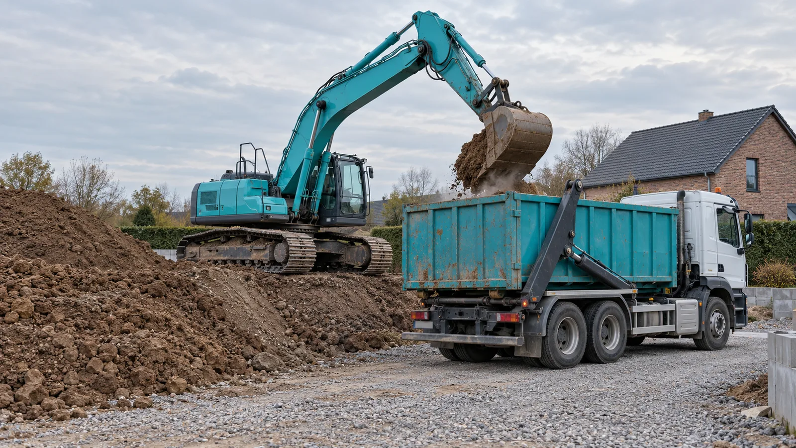 Pelle turquoise versant un godet de terre dans un container posé sur un camion, devant une maison en brique à Nivelles