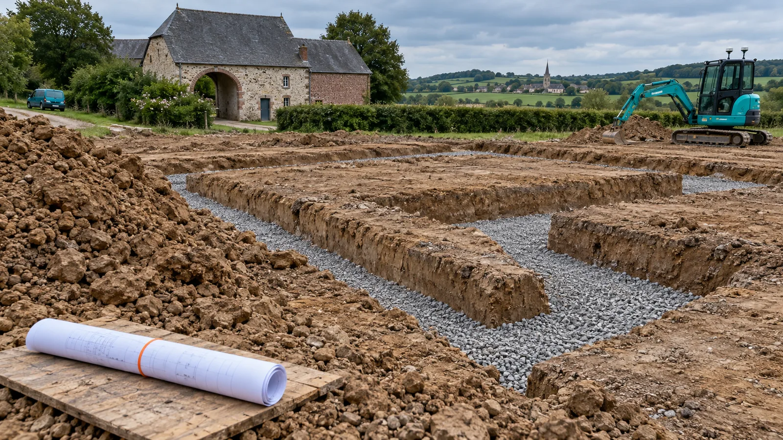 Tranchées de fondation au fond d'empierrement compacté, avec un plan roulé posé sur une planche et une pelle turquoise équipée du GPS au fond