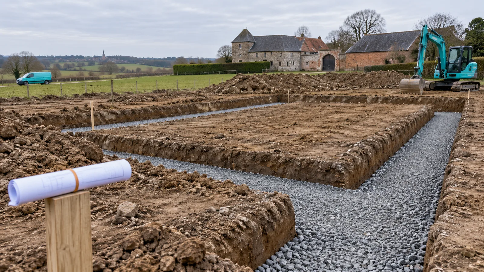 Tranchées de fondation en L au fond d'empierrement compacté, avec un plan roulé posé sur un piquet, près de Genappe