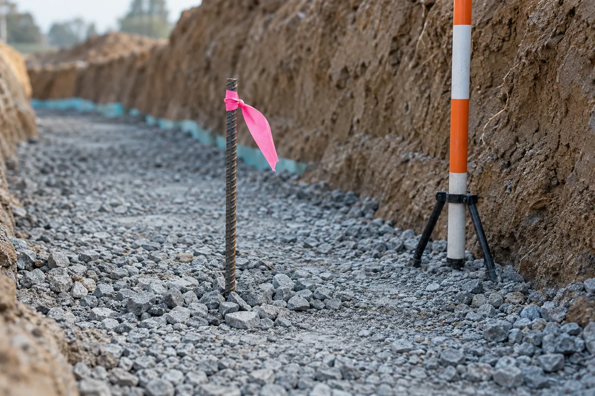 Fond de tranchée de fondation en empierrement compacté, avec un fer de repère à ruban rose et une canne topographique