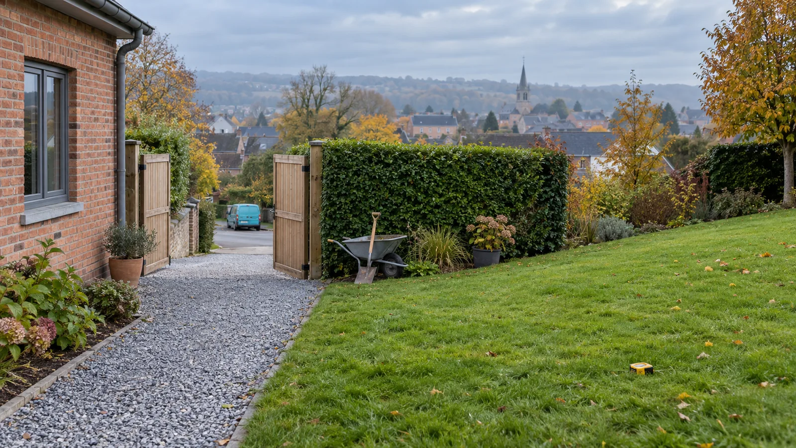 Jardin en pente avec portail en bois grand ouvert, allée de gravier et brouette, prêt pour l'arrivée des engins