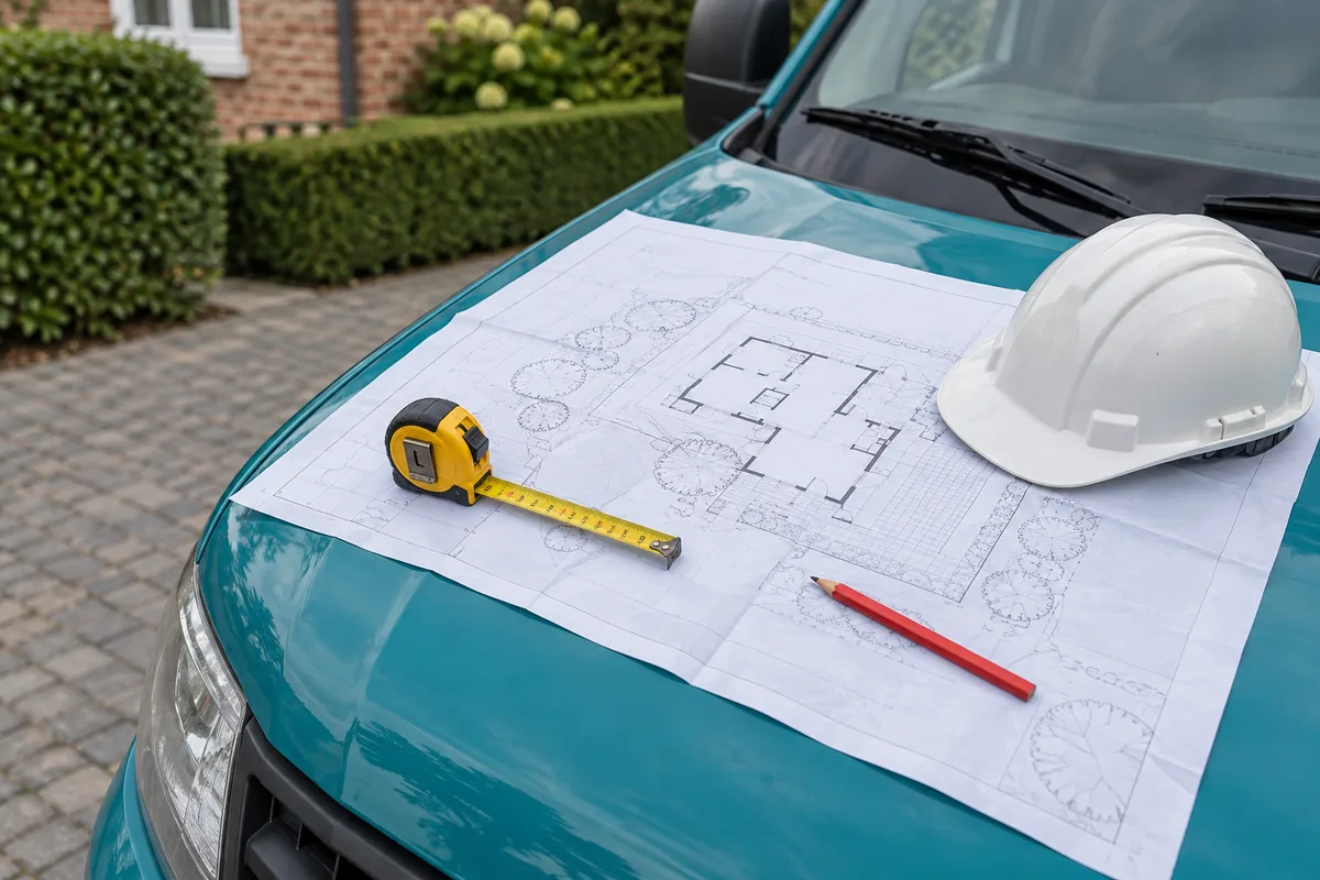 Plan de jardin déplié sur le capot d'une camionnette, avec mètre ruban, crayon de charpentier et casque blanc