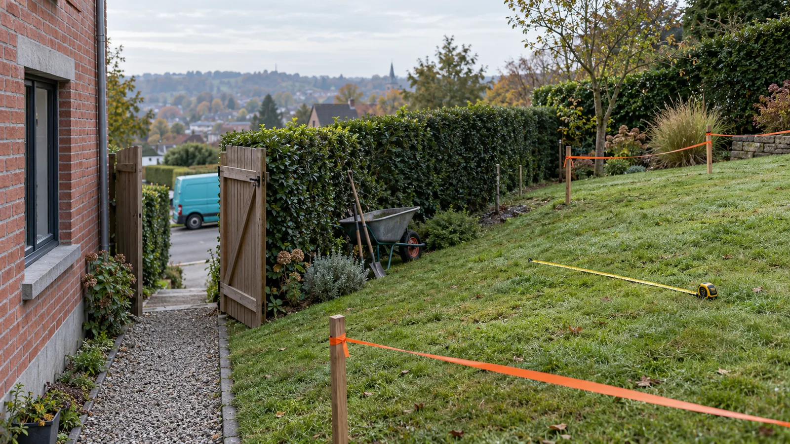 Jardin en pente à Wavre avec portail ouvert, piquets de repère et brouette, avant l'arrivée des engins