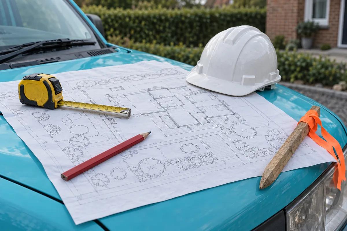Plan de jardin déplié sur le capot d'une camionnette, avec mètre ruban, crayon de charpentier et casque blanc