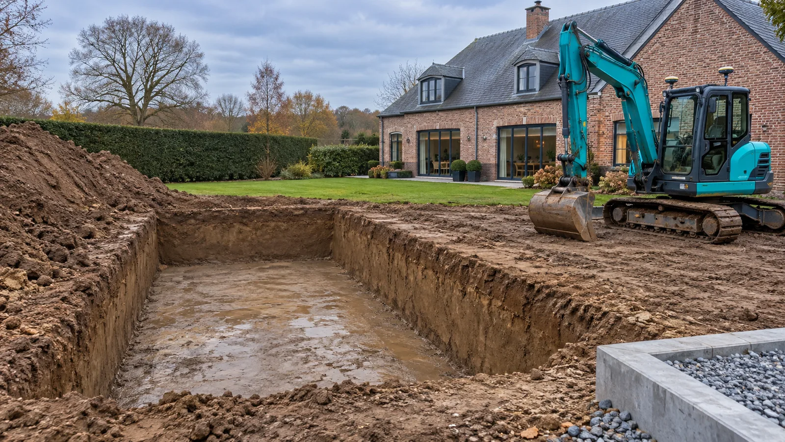 Fouille de piscine rectangulaire aux parois nettes, avec une pelle turquoise au repos devant une maison en brique