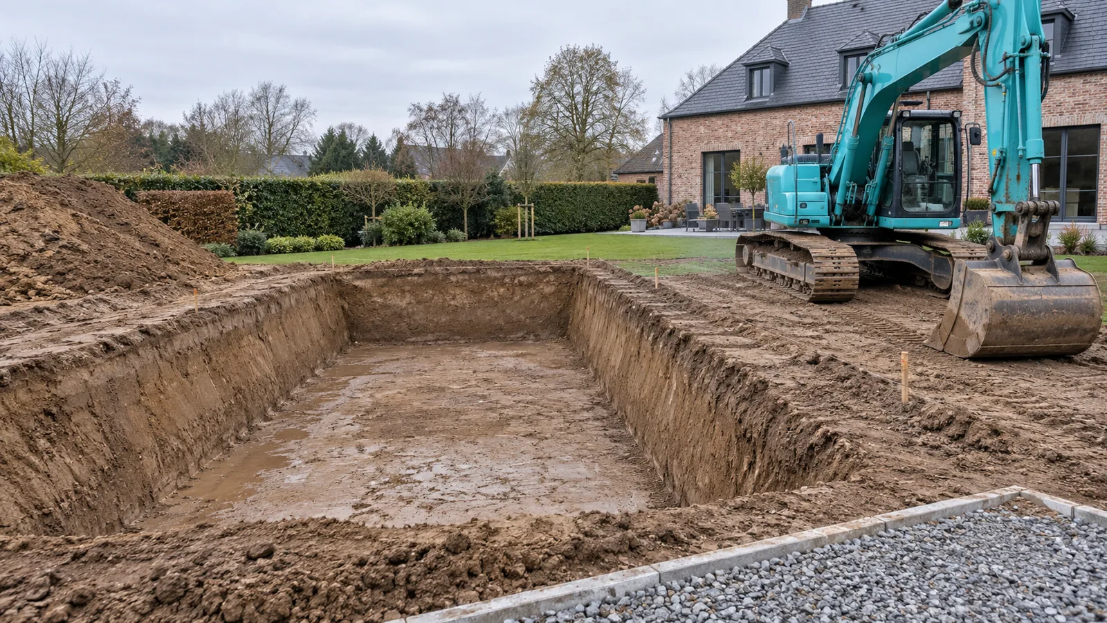 Fouille de piscine de 8 sur 4 mètres aux parois nettes et pelle turquoise au repos, devant une villa de Waterloo